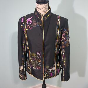 Anage Too Womens small Black Silk Embroidered Mandarin Collar Jacket